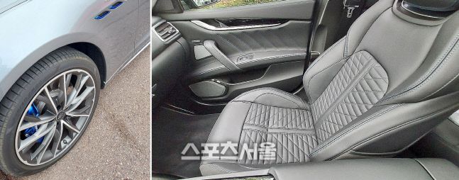 마세라티 기블리 GT 하이브리드의 콘셉트는 파란색이다. 브렘보 브레이크 캘리퍼의 블루 컬러 적용(왼쪽). 시트에도 파란색 스티치가 가득하다.