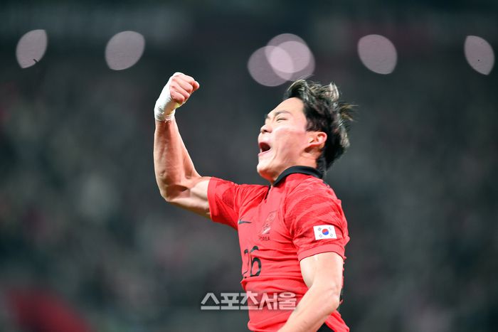 오현규가 지난 3월28일 서울월드컵경기장에서 열린 우루과이와 평가전 후반 동점골을 성공시킨 후 환호하고 있다. 하지만 아쉽게도 비디오판독으로 노골로 선언됐다. 상암 | 강영조기자 kanjo@sportsseoul.com