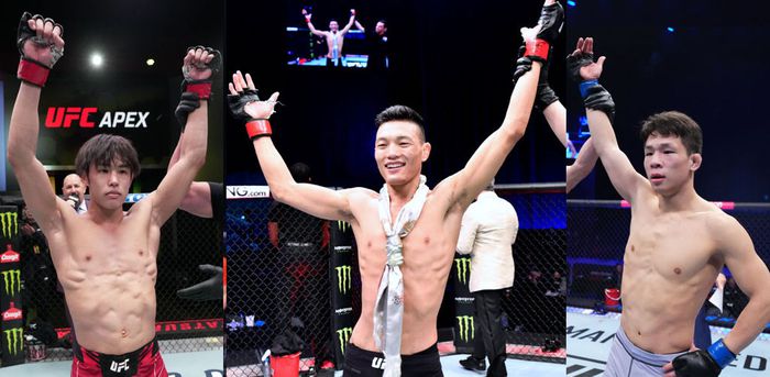 지난해 10월 UAE 아부다비 야스섬 에티하드 아레나에서 열린 ‘로드 투 UFC’ 대회에서 타이라 타츠로, 수무다얼지, 박현성(왼쪽부터). 사진 | UFC