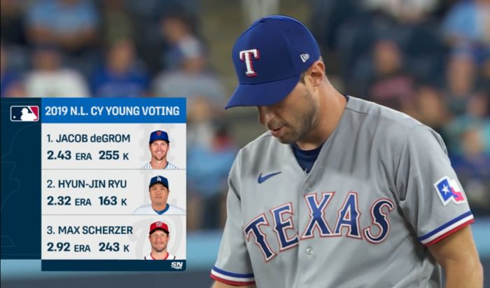 2019년 내셔널리그 사이영상 경쟁에 임했던 류현진과 슈어저. | 캐나다 스포츠넷 중계방송 캡처