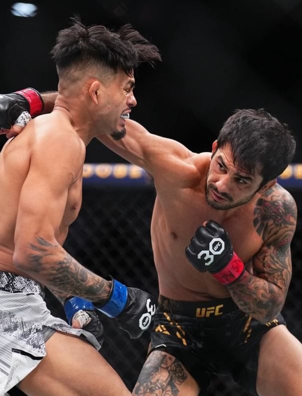 알레샨드리 판토자(오른쪽)가 브랜든 로이발을 향해 주먹을 뻗고 있다. 사진 | UFC