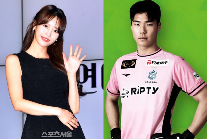 가수 이미주(왼쪽)와 일본 J리그 축구선수 송범근. 사진 | 스포츠서울DB, 쇼난 벨마레