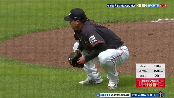 한화 류현진이 23일 광주-기아 챔피언스 필드에서 열린 2024 KBO리그 KIA와 더블헤더 1차전에서 5회말 나성범에게 동점 3점포를 맞은 후 주저앉고 있다.사진 | 티빙 중계화면 캡처