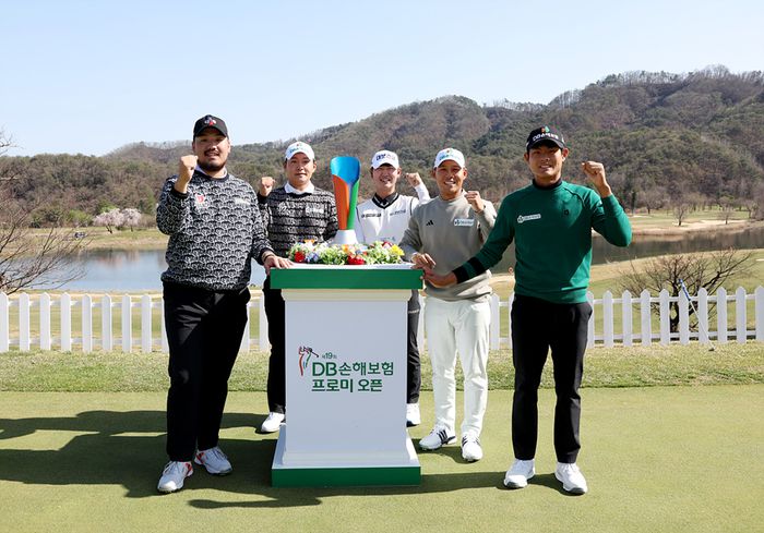 KPGA투어 시즌 개막전 DB손해보험 프로미오픈을 앞두고 정찬민 서요섭 고군택 문도엽 장희민(왼쪽부터)이 포즈를 취하고 있다. 사진 | KPGA