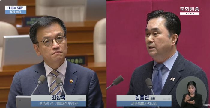 15일 오후 국회 경제 분야 대정부 질문에서 김종민 의원이 최상목 부총리 겸 기획재정부장관에게 질의하고 있다. 사진 | 김종민 의원실