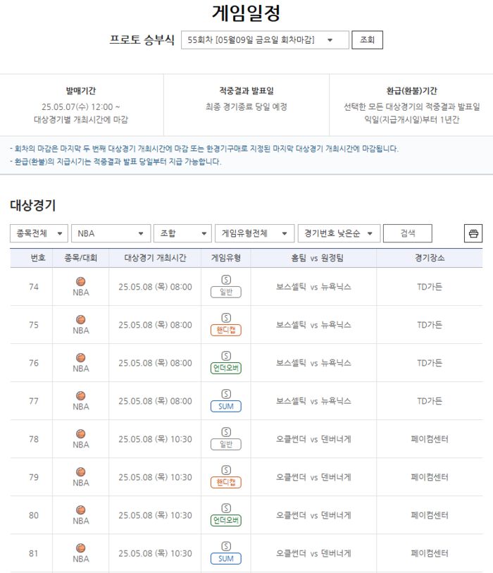 스포츠토토코리아는 오는 5월8일(한국시간)에 진행되는 미국프로농구(NBA) PO 2차전 두 경기를 대상으로 한 프로토 승부식 55회차 게임을 발매한다. 사진 | 스포츠토토
