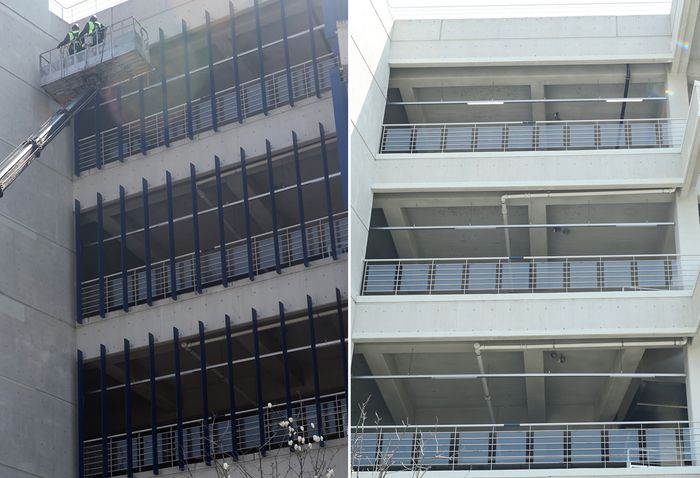 창원NC파크 ‘루버’ 철거 전(왼쪽)과 후 모습. 사진 | 창원=연합뉴스