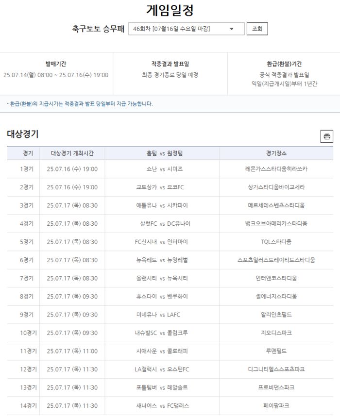 축구토토 승무패 46회차 대상경기. 사진 | 한국스포츠레저