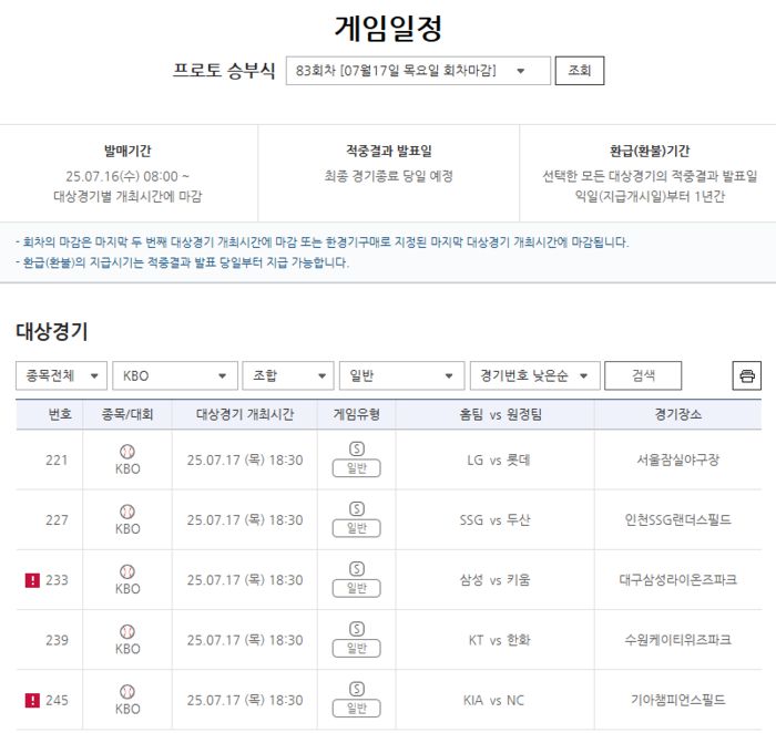 프로토 승부식 83회차 KBO리그 대상 일반 게임 경기 정보. 사진 | 스포츠토토코리아