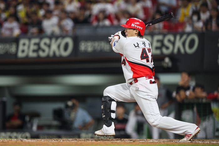 KIA 나성범이 23일 광주-기아 챔피언스 필드에서 열린 2025 KBO리그 LG전에서 안타를 치고 있다. 사진 | KIA 타이거즈