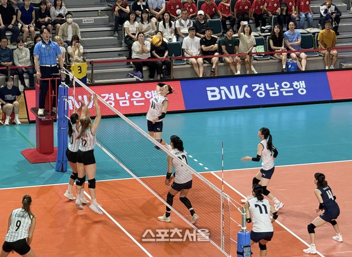 한국 여자배구대표팀이 12일 진주체육관에서 열린 코리아 인비테이셔널 아르헨티나전에서 공격을 시도하고 있다.진주 | 정다워 기자
