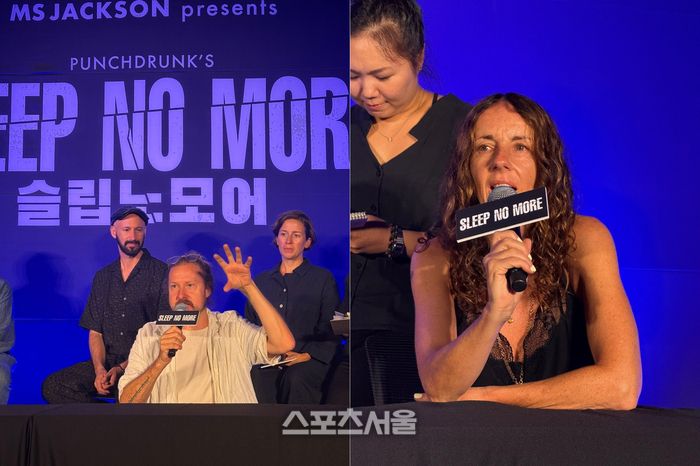 지난 20일 이머시브 시어터 ‘슬립 노 모어’ 기자간담회에서 (왼쪽부터)펠릭스 바렛 연출과 맥신 도일 공동 연출 및 안무가가 퍼포머와 관객 간의 거리에 대해 설명하고 있다. 사진 | 표권향 기자 gioia@sportsseoul.com