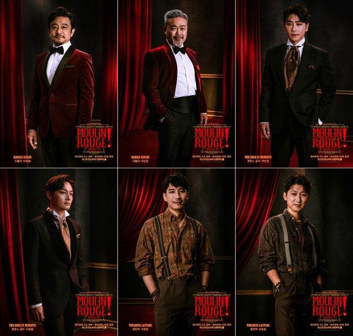 2025-26 뮤지컬 ‘물랑루즈!’의 (왼쪽 위부터) ‘지들러’ 역 이정렬과 이상준, 몬로스 역 박민성과 이창용, ‘로트렉’ 역 지현준과 최호중. 사지 | CJ ENM