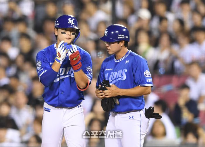 삼성 박승규가 26일 서울 잠실구장에서 열린 2025 KBO리그 두산과 경기 5회초 좌전안타를 친 후 세리머니를 하고 있다. 잠실 | 최승섭기자 thunder@sportsseoul.com