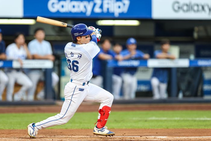 삼성 박승규가 23일 대구삼성라이온즈파크에서 열린 2025 KBO리그 키움전에서 안타를 치고 있다. 사진 | 삼성 라이온즈