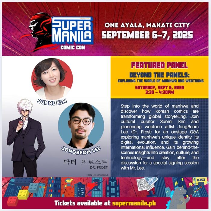 한국만화영상진흥원 김선미 실장과 웹툰 ‘닥터 프로스트’의 이종범 작가가 지난 6일(현지 시간) ‘슈퍼마닐라 코믹콘(SMCC 2025)’에서 코믹콘 ‘온스테이지 Q&A 패널’에 참여했다. 사진 | 한국만화영상진흥원