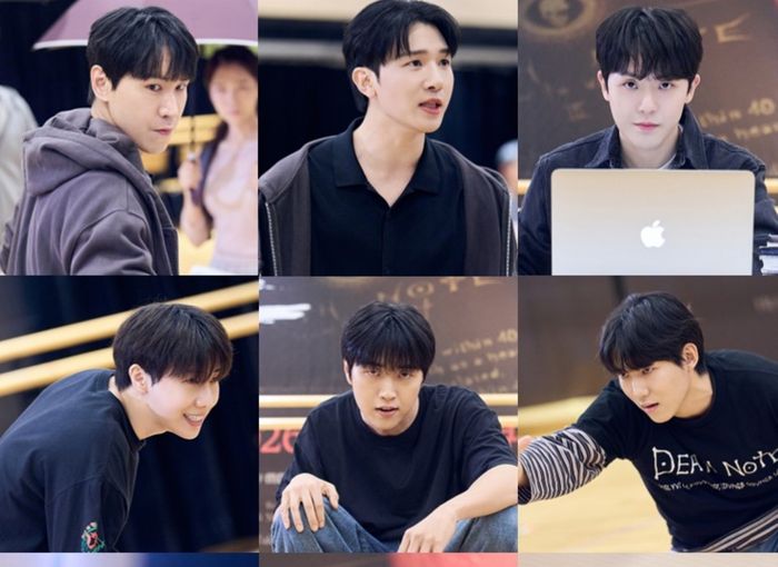 뮤지컬 ‘데스노트’ 4번째 시즌의 주인공 (왼쪽 위부터) ‘라이토’ 역 조형균·김민석·임규형, ‘엘(L)’ 역 김성규·산들·탕준상이 개막을 향해 구슬땀을 흘리며 연습 중이다. 사진 | 오디컴퍼니