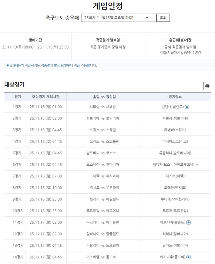 축구토토 승무패 75회차 대상경기. 사진 | 한국스포츠레저