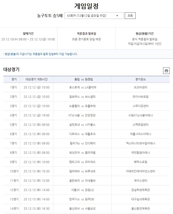 농구토토 승5패 43회차 적중결과. 사진 | 한국스포츠레저