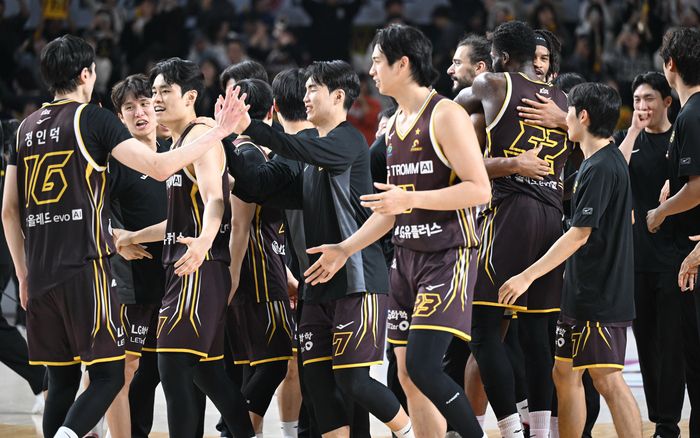 창원 LG 선수단이 창원체육관에서 열린 2025~26시즌 LG전자 프로농구 3라운드 수원 KT전 승리 후 환호하고 있다. 사진 | KBL