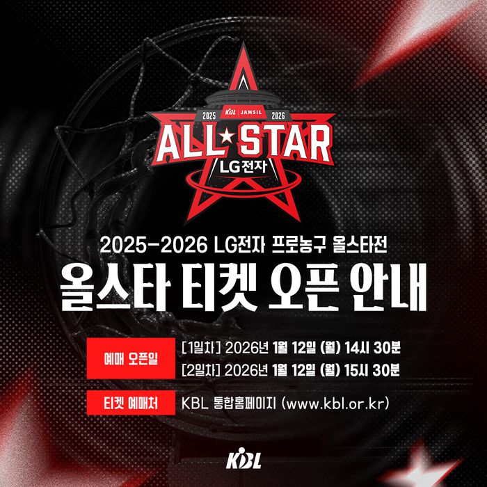 2025-2026 LG전자 프로농구 올스타전 티켓 예매가 12일 오후 2시30분부터 순차적으로 오픈된다. 사진 | KBL
