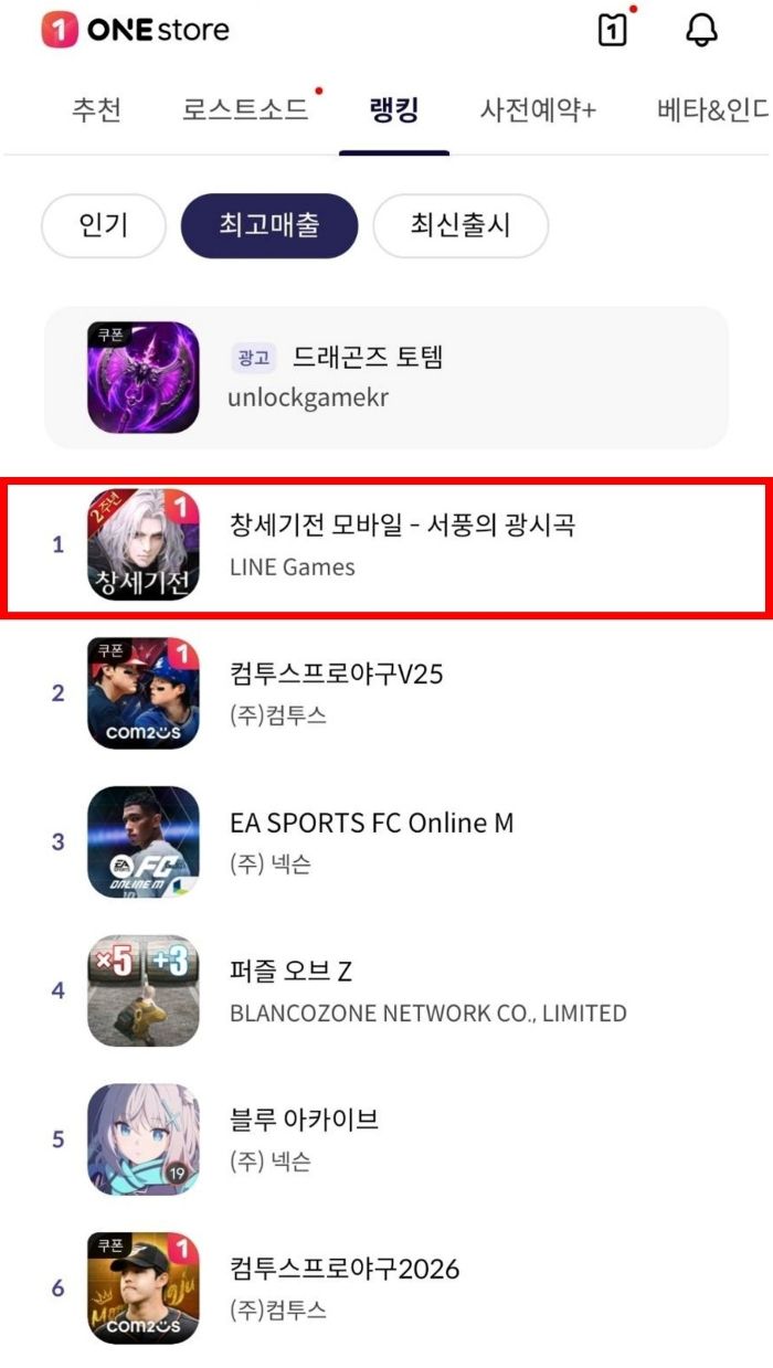 라인게임즈 ‘창세기전 모바일’이 원스토어 매출 순위 1위를 달성했다. 사진 | 라인게임즈